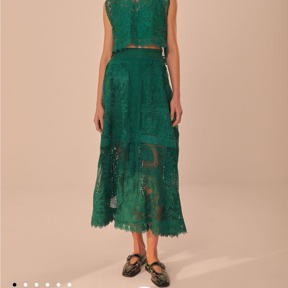 FARM Rio - Green Toucans Guipure Midi Skirt